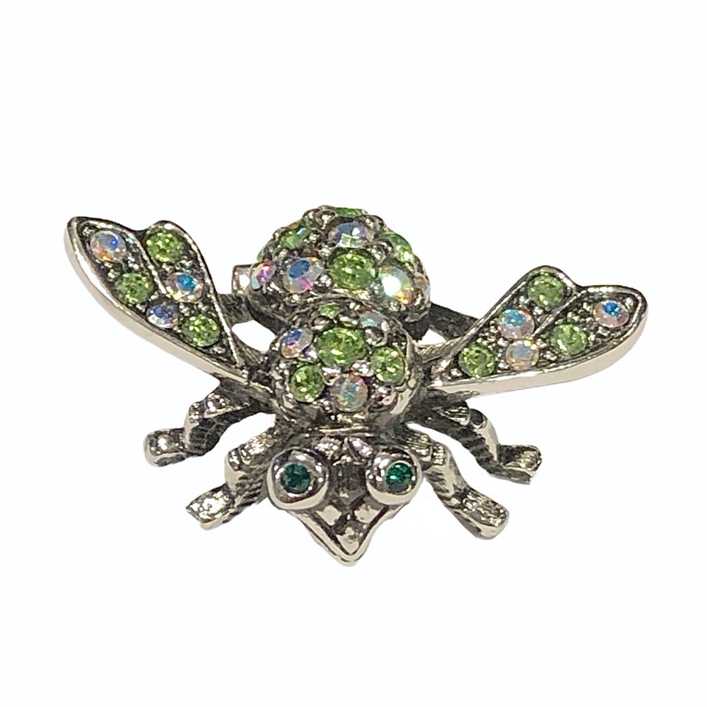 JOAN RIVERS CLEAR AURORA BOREALIS & GREEN CRYSTALS SILVER TONE BUMBLEBEE BROOCH
